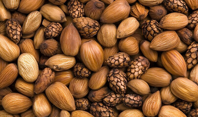 Nutty textures abound! Almond-like kernels mingle with small, scaled seed casings, forming a rich, organic pattern