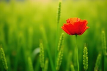 Fototapeta premium Single red poppy blooms amidst tall green wheat stalks , meadow, landscape