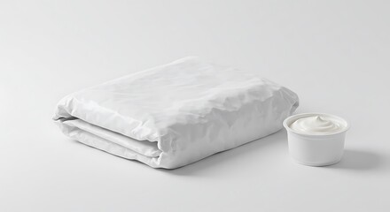 Fototapeta premium Creamy White Indulgence: A Minimalist Still Life of Folded Fabric and Creamy Yogurt