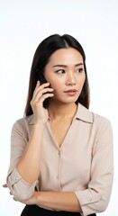 Asian woman in a beige shirt talking on a cell phone with a concerned expression on a white background