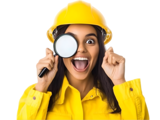 Excited Woman Engineer In Yellow Uniform With Magnifying Glass Isolated Illustration