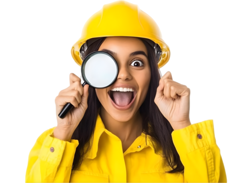 Excited Woman Engineer In Yellow Uniform With Magnifying Glass Isolated Illustration