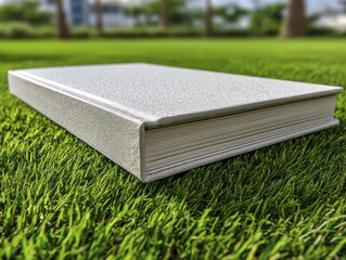 Clean white book resting on lush green grass Ideal for showcasing book covers or product designs High-quality image - design abstract texture