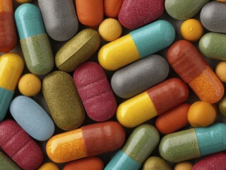 Close-up view of assorted supplement capsules Various sizes and colors - herbal natural health nutrition studio