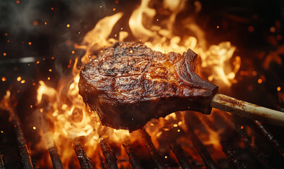 Ember-Kissed Ribeye: A Culinary Dance of Fire and Flavor;  A succulent ribeye steak, expertly seared over an open flame, displays a rich, caramelized crust and a tantalizingly smoky aroma, perfectly