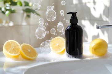 Lemon-scented soap dispenser, bubbles, bathroom sink, plant in background.  Possible use  product photography