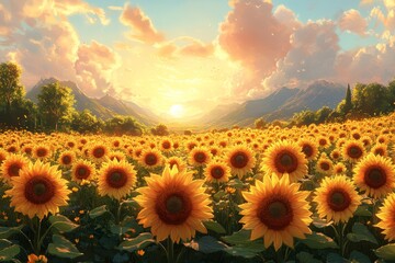Sunflowers sunset valley landscape, idyllic scene, nature