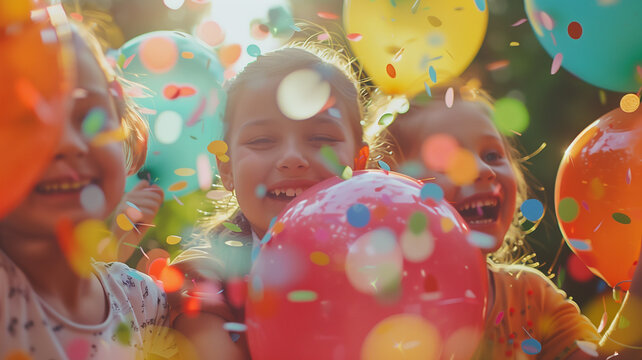 happy group of children celebrating birthday outdoors - Powered by Adobe