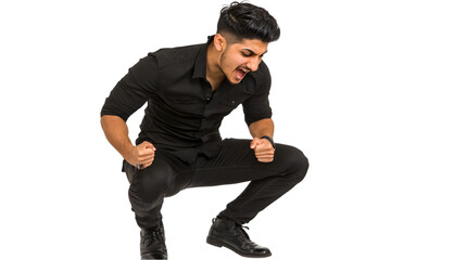 Excited Young Man In Black Outfit Isolated Transparent Background Photo