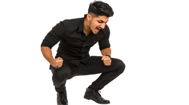 Excited Young Man In Black Outfit Isolated Transparent Background Photo
