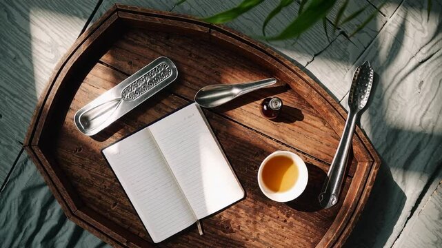 Flat lay of Ayurvedic morning routine items including herbal tea tongue scraper and oil on a wooden tray with soft sunlight for wellness and self-care themes