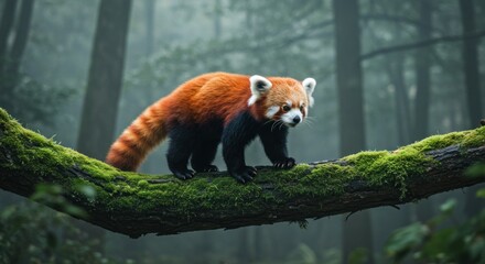 Fototapeta premium Red Panda on Mossy Branch - Photo