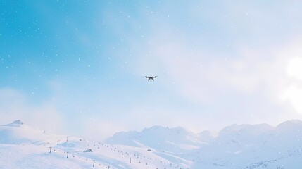 Drone Flying Over Snowy Mountains, Aerial view of drone flying over snow covered mountains