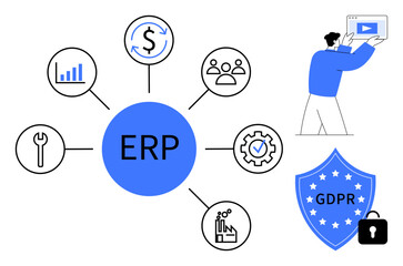 Central ERP hub linked to finance, analytics, team, GDPR shield, factory, tools, and automation concepts. Ideal for digital transformation, workflow compliance security efficiency simple landing