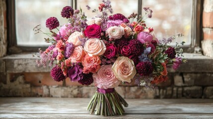 Exquisite floral arrangement featuring roses and dahlias against a rustic window