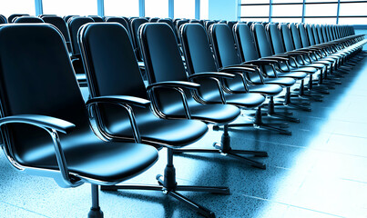 Rows of blue conference chairs in a bright room. Uniform seating in an office or waiting area