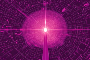 Abstract digital tunnel, radiating light, magenta and dark tones, intricate network