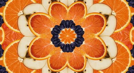 Vibrant Fruit Kaleidoscope Featuring Orange, Apple and Grapes