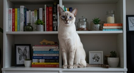 Cat sitting on shelf, photo