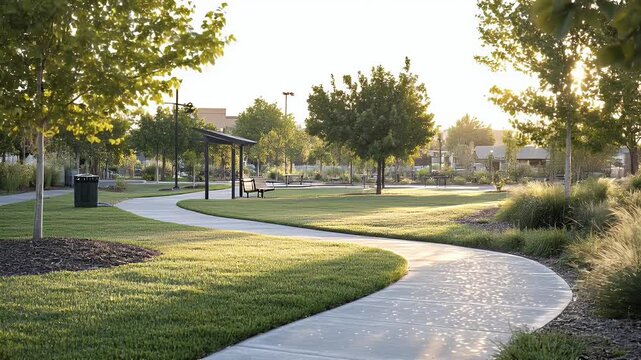 Serene park pathway winding through lush greenery, with benches and trash bins, under a warm sunset glow
