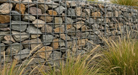 Gabion Wall with Stones & Grass, Photo