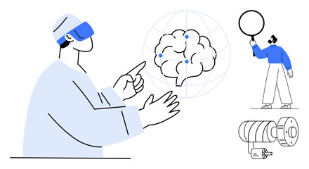 Researcher uses VR headset to interact with brain model, scientist holds a globe, technical device illustration. Ideal for technology, innovation, AI, science, education, future learning themes