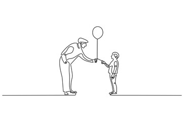 Continuous one line drawing of Father giving balloon. Single line drawing illustration of Father giving balloon for his boy. Happy family concept vector art. Doodle line illustration.
