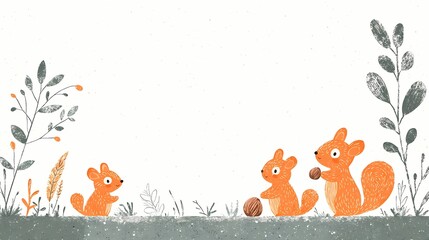 Fototapeta premium Cute Squirrel Family Playing with Nuts, Adorable illustration of squirrels and plants