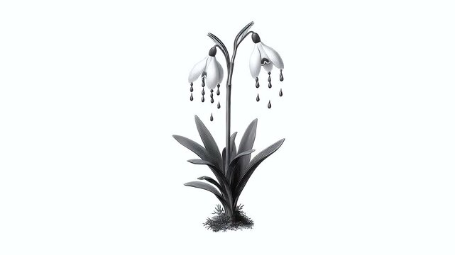 Classic engraving of snowdrop flower with delicate petals, leaves, and water droplet, minimalistic black and white botanical art featuring leaf