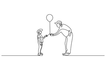 Continuous one line drawing of Father giving balloon. Single line drawing illustration of Father giving balloon for his boy. Happy family concept vector art. Doodle line illustration.