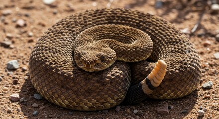 Obraz premium Rattlesnake coiled on ground. Photos