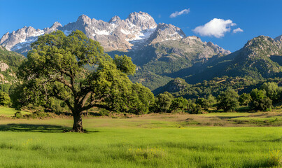 Serene landscape with lush meadow, grand tree, and snow-capped mountains under a clear blue sky