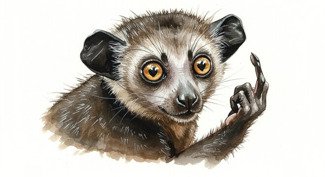 aye-aye lemur  - Watercolor painting of a silly aye-aye lemur giving the middle finger with a white background.