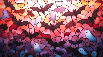 Colorful stained glass with bats and ghosts