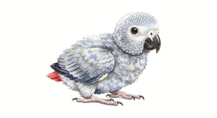 cute baby African grey parrot chick - Watercolor illustration of a young gray parrot, perched on a white background.