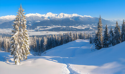 Obraz premium Snowy mountain landscape with clear skies, snow-covered trees, and a mountain range in the background