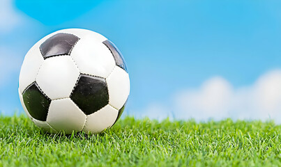 Fototapeta premium Soccer ball on bright green grass against a vibrant blue sky with fluffy clouds