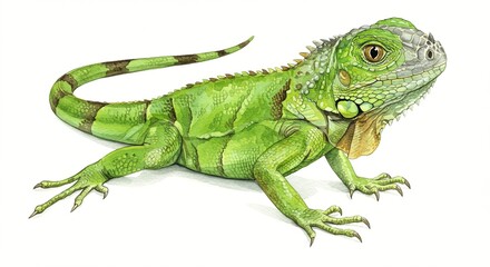  cute baby iguana hatchling  - Watercolor illustration of a green iguana, showing its detailed skin texture and form.