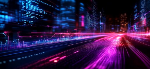 Data stream visualization: Neon digital cityscapes reflecting future technologies