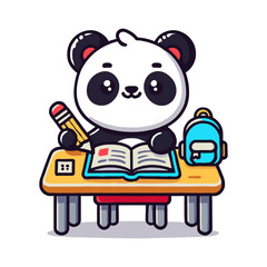 Adorable Panda Student At Desk Read Book In Classroom Illustration