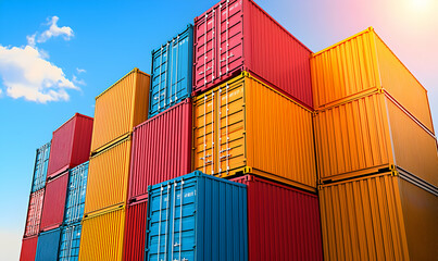 Fototapeta premium Stacked, colorful shipping containers against a bright blue sky with fluffy white clouds under sunlight