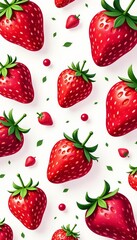 Set of vibrant strawberry illustrations in abstract seamless design, pink, pattern, fruit