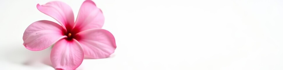 Fototapeta premium Single pink plumeria with yellow center against white backdrop, petals, bloom, fragrant
