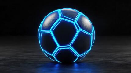 Fototapeta premium Futuristic soccer ball with glowing blue lines. Dark background and studio lighting highlight the ball's sleek design