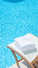 Elegant poolside lounge chair with neatly folded towel in a serene summer setting