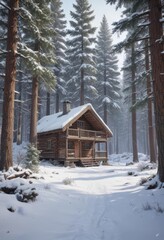 Snow dusted pines, rustic cabin nestled in snowy woods, soft snowfall ,  evergreen,  nature
