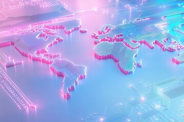 World map on circuit board, glowing