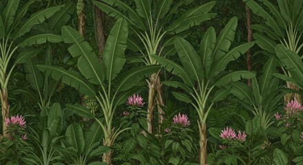 Lush tropical jungle with banana trees and vibrant pink flowers