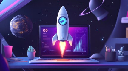 A rocket launching from a laptop screen amidst a cosmic backdrop, symbolizing a successful digital business launch or project takeoff