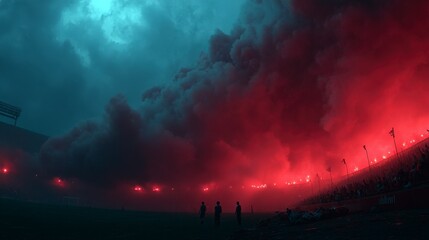 Fototapeta premium Dramatic Soccer Stadium Night Red Smoke Fans Ominous Atmosphere
